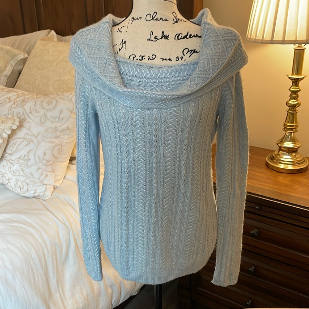 WHBM White House Black Market Light Sparkly Blue Shoulder Sweater M Medium NWOT